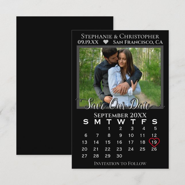 Simple Photo Calendar Black Wedding Save Our Date Card (Front/Back)