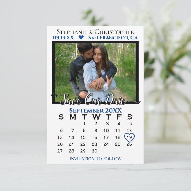 Simple Photo Calendar Navy Wedding Save Our Date Card (Standing Front)