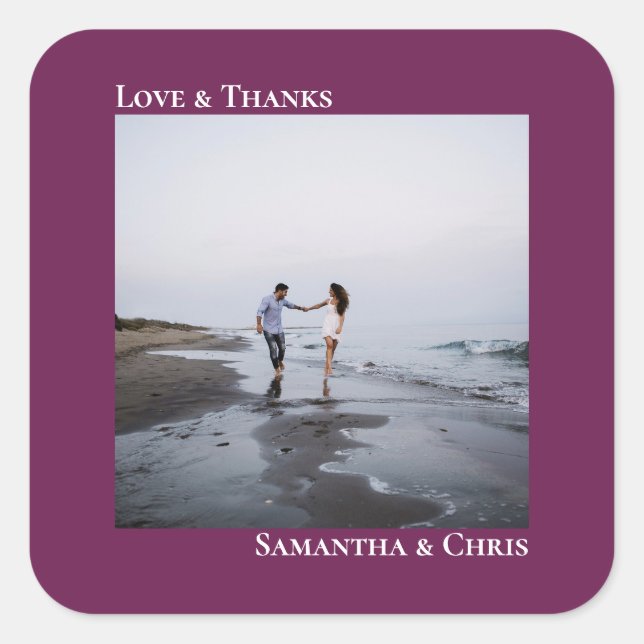Simple Photo Cassis Purple Love & Thanks Wedding Square Sticker (Front)