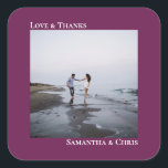 Simple Photo Cassis Purple Love & Thanks Wedding Square Sticker<br><div class="desc">These stickers are perfect for wedding thank you gifts or favours, or as an addition to your invitation mailing. They feature a simple minimalist design with your square photo on a cassis purple, magenta, or berry coloured background. The left justified caption atop the photo reads "Love and Thanks", while the...</div>