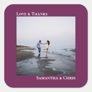 Simple Photo Cassis Purple Love & Thanks Wedding Square Sticker