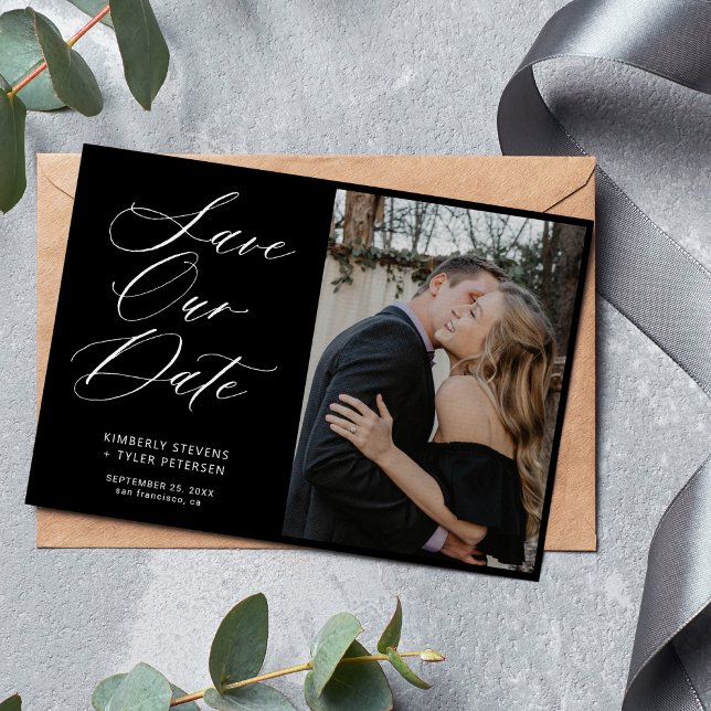 Simple photo chic elegant script black wedding  save the date (Creator Uploaded)