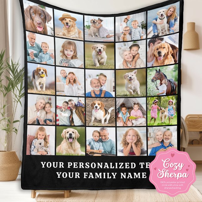 Simple Photo Collage 25 Picture Black Personalized Sherpa Blanket (Creator Uploaded)