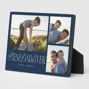 Simple Photo Collage Best Dad Ever Navy Blue Plaque