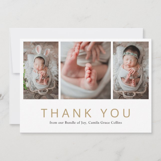 Simple Photo Collage Elegant Gold Baby Shower Thank You Card (Front)