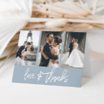 Simple Photo Collage Love Thanks Dusty Blue Thank You Card<br><div class="desc">This modern simple card features a 3 photo collage on the top. The words "love & thanks" in a hand-lettered font. On the inside of the card,  you can put a generic message or you can delete it so you can handwrite messages to your guests.</div>