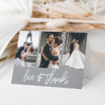 Simple Photo Collage Love Thanks Grey Thank You Card<br><div class="desc">This modern simple card features a 3 photo collage on the top. The words "love & thanks" in a hand-lettered font. On the inside of the card,  you can put a generic message or you can delete it so you can handwrite messages to your guests.</div>