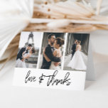 Simple Photo Collage Love Thanks White Thank You Card<br><div class="desc">This modern simple card features a 3 photo collage on the top. The words "love & thanks" in a hand-lettered font. On the inside of the card,  you can put a generic message or you can delete it so you can handwrite messages to your guests.</div>