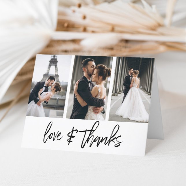 Simple Photo Collage Love Thanks White Thank You Card (A simple and elegant way to say thank you with a personal touch by adding three photos on the front.)
