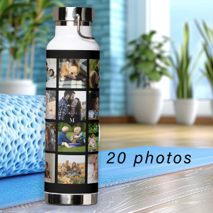 Simple photo collage monogrammed keepsake black water bottle