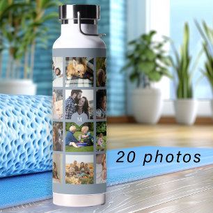 Simple photo collage monogrammed keepsake blue water bottle