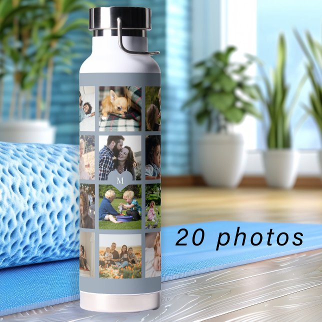 Simple photo collage monogrammed keepsake blue water bottle (Creator Uploaded)