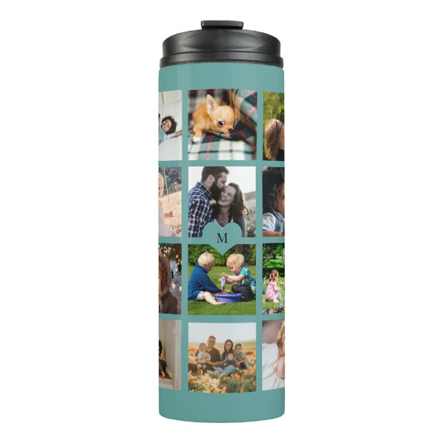 Simple photo collage monogrammed keepsake green thermal tumbler (Front)