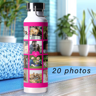 Simple photo collage monogrammed keepsake pink water bottle
