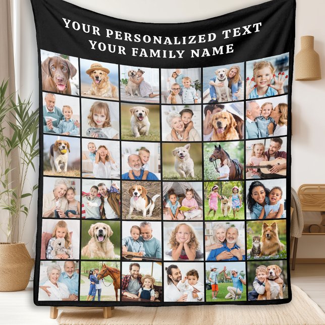 Simple Photo Collage Personalised 36 Picture Black Fleece Blanket (Creator Uploaded)