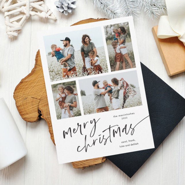 Simple Photo Collage Script Merry Christmas Magnet (Simple black and white script merry christmas 4 photo holiday magnetic card.)