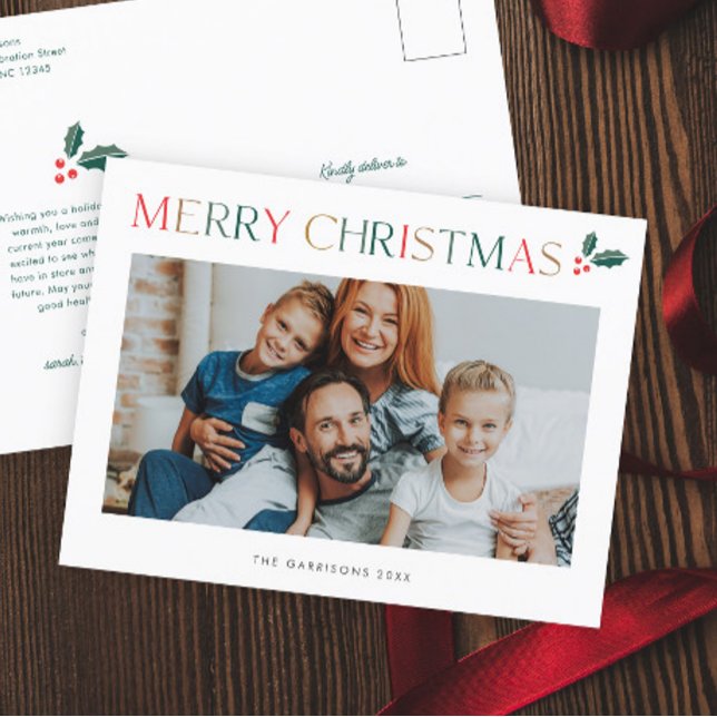 Simple Photo Colourful Merry Christmas Holiday Postcard (Colorful Merry Christmas Photo Holiday Postcard.)