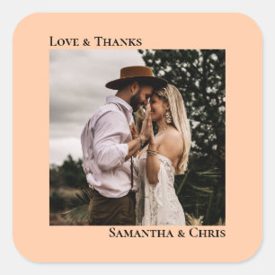 Simple Photo Coral Peach Love & Thanks Wedding Square Sticker