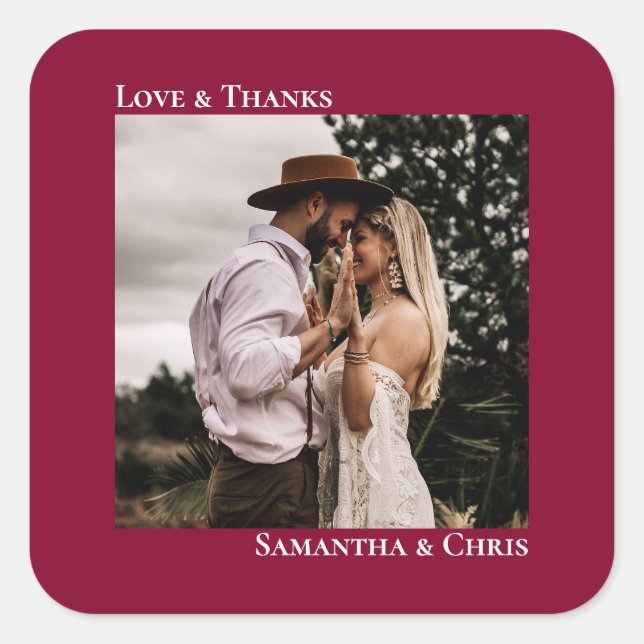 Simple Photo Cranberry Red Love & Thanks Wedding Square Sticker (Front)