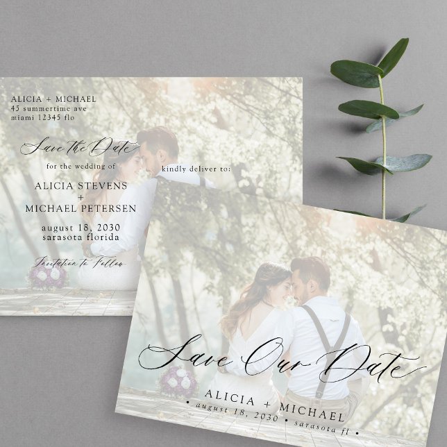 Simple photo elegant script wedding save the date announcement postcard (Creator Uploaded)