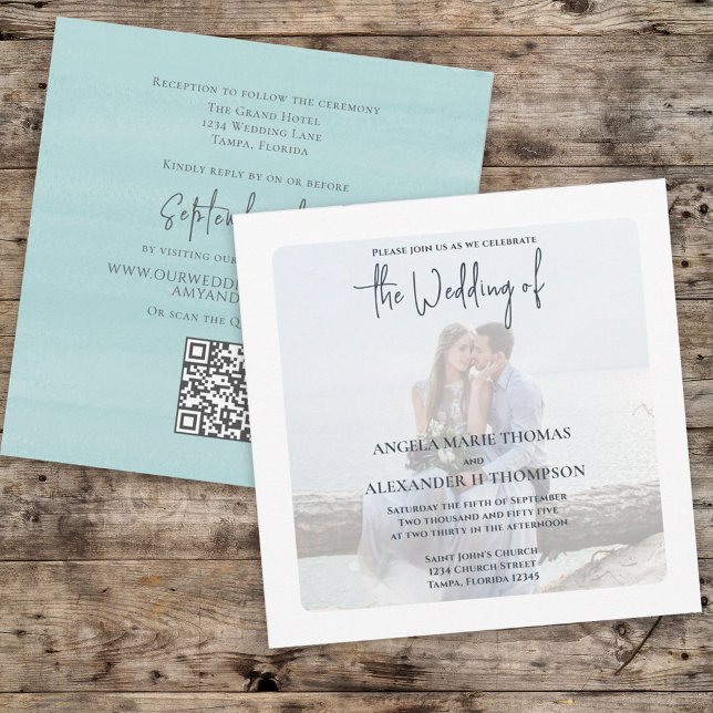 Simple Photo Elegant Turquoise QR Code RSVP Ocean Invitation (Creator Uploaded)