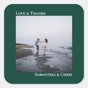 Simple Photo Emerald Green Love & Thanks Wedding Square Sticker