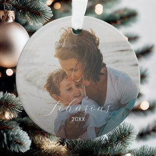Simple Photo Family Elegant Script Name and Year Ornament