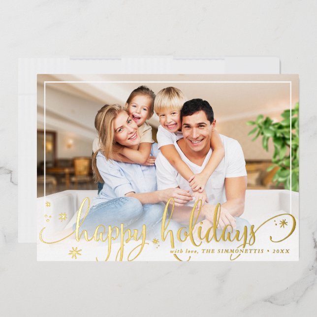 SIMPLE PHOTO FRAME fun calligraphy Happy Holidays Foil Holiday Card (Envelope)