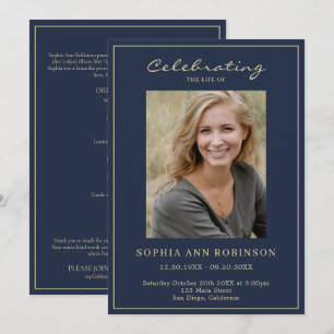Simple Photo Funeral Blue Gold Order Of Service Programme