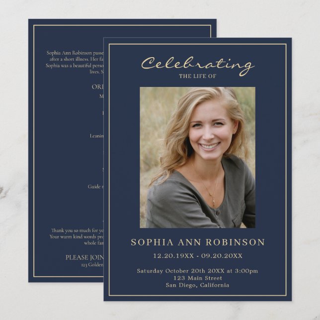 Simple Photo Funeral Blue Gold Order Of Service Programme (Front/Back)