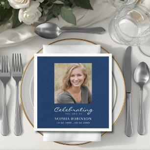Simple Photo Funeral Memorial Blue Napkin