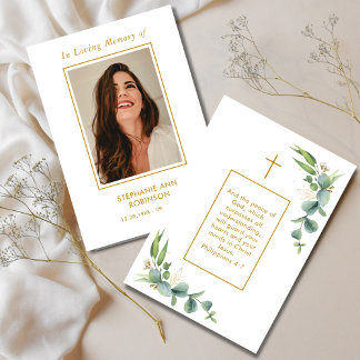 Simple Photo Gold Funeral Memorial Prayer Card