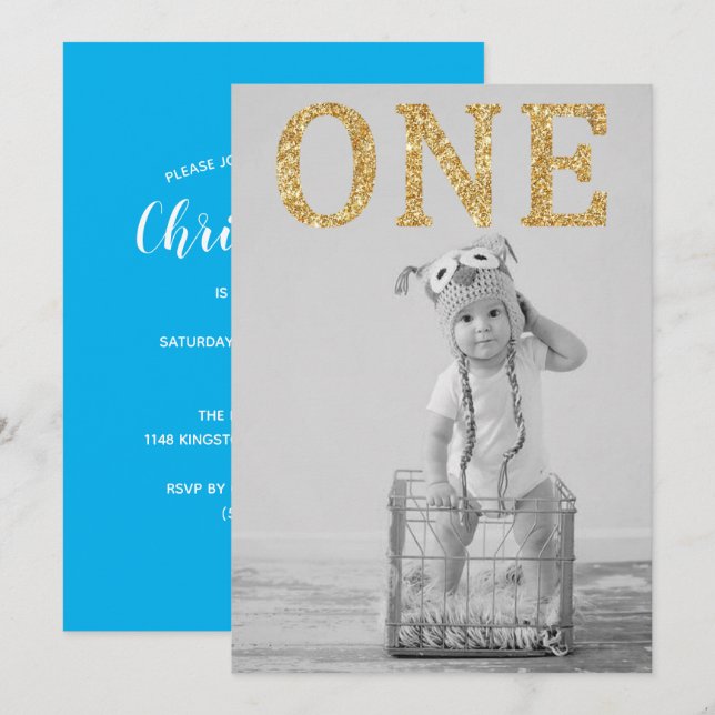Simple Photo Gold Glitter 1st Birthday Invitation (Front/Back)