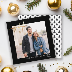 Simple Photo Gold Merry Christmas Black Holiday Card