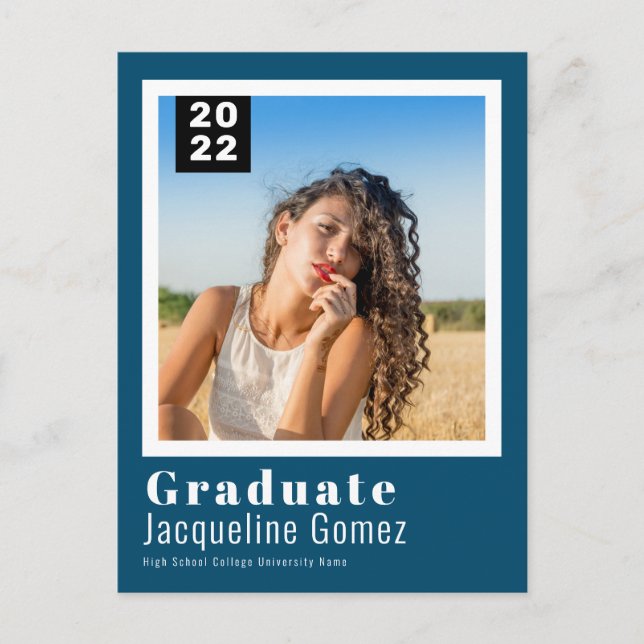 Simple Photo Graduation 2022 Party Invitation Blue Postcard (Front)
