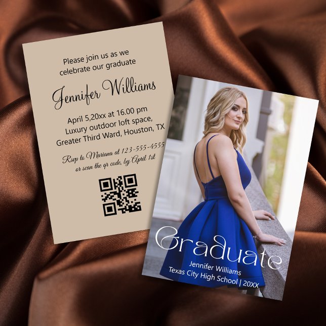 simple photo graduation party qr code rsvp brown invitation (Creator Uploaded)