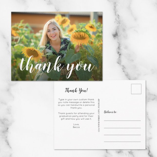 Simple Photo Graduation White Script Thank You Postcard (Creator Uploaded)