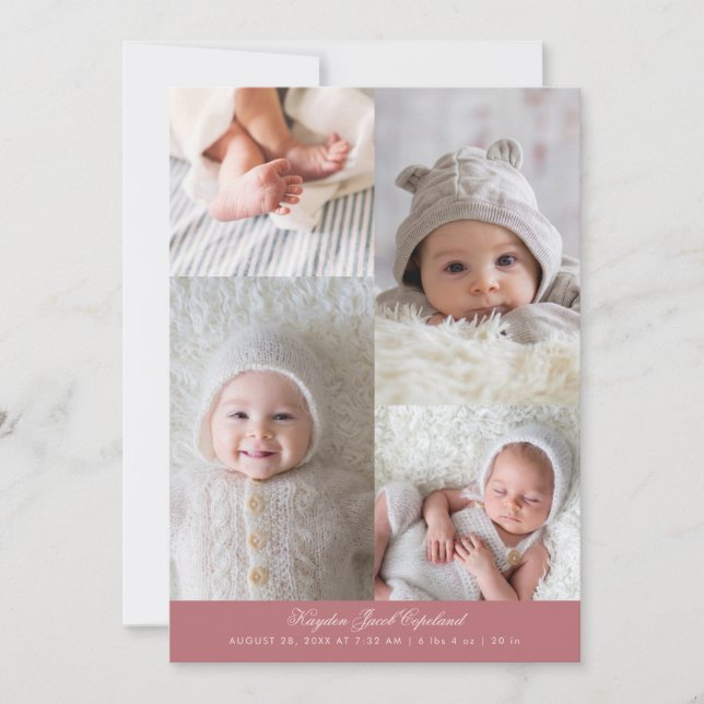 Simple Photo Grid Pink Birth Announcement (Front)