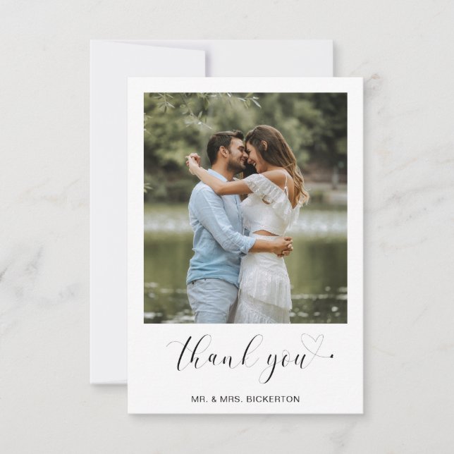 Simple Photo Heart Minimalist Script Wedding Thank You Card (Front)