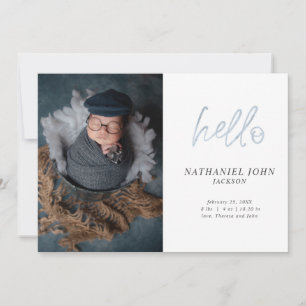 Simple Photo Hello Blue Typography Baby Announcement