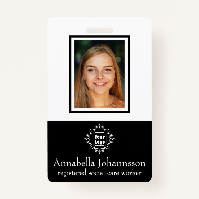 Simple Photo Id and Custom Logo with Name on Black ID Badge (Front)