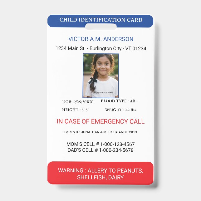 Simple Photo Identification Emergency Child ID Badge (Front)