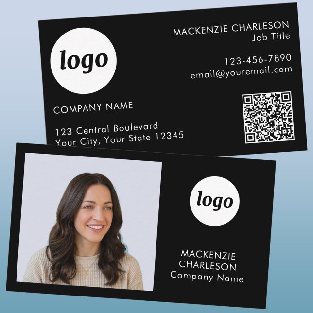 Simple Photo Logo Text QR Code Black Business Card (Simple photo, logo, text and QR code minimalist professional business card)