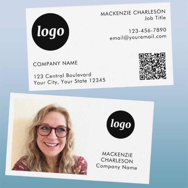 Simple Photo Logo Text QR Code Business Card (Simple logo with custom text QR code business branding promotional photo business card)