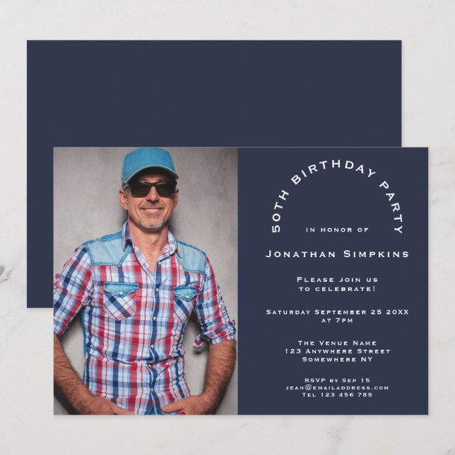 Simple Photo Man 50th Birthday Party Navy Blue Invitation (Front/Back)