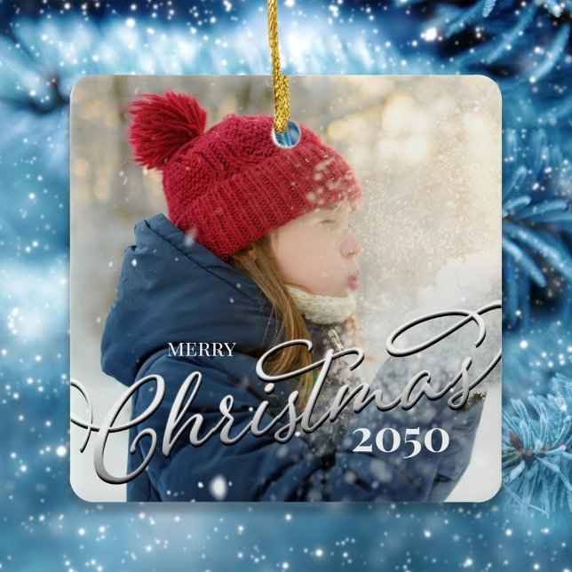 Simple Photo Merry Christmas Template Ceramic Ornament (Merry Christmas silver calligraphy script photo square ceramic ornamentation.)