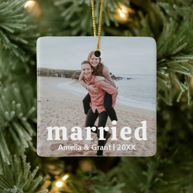 Simple Photo Modern First Christmas Married Ceramic Ornament (Tree)