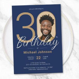 Simple Photo Navy Blue Gold Men's 30th Birthday Invitation