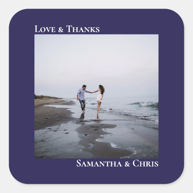 Simple Photo Navy Blue Love & Thanks Wedding Square Sticker (Front)