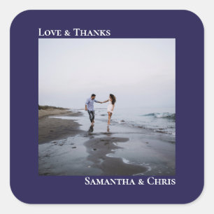 Simple Photo Navy Blue Love & Thanks Wedding Square Sticker